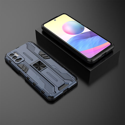 Silicone Matte Finish and Plastic Back Cover Case with Magnetic Stand KC2 for Xiaomi POCO M3 Pro 5G Blue