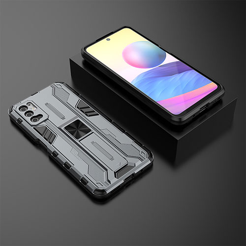 Silicone Matte Finish and Plastic Back Cover Case with Magnetic Stand KC2 for Xiaomi POCO M3 Pro 5G Gray