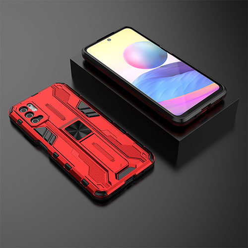 Silicone Matte Finish and Plastic Back Cover Case with Magnetic Stand KC2 for Xiaomi POCO M3 Pro 5G Red