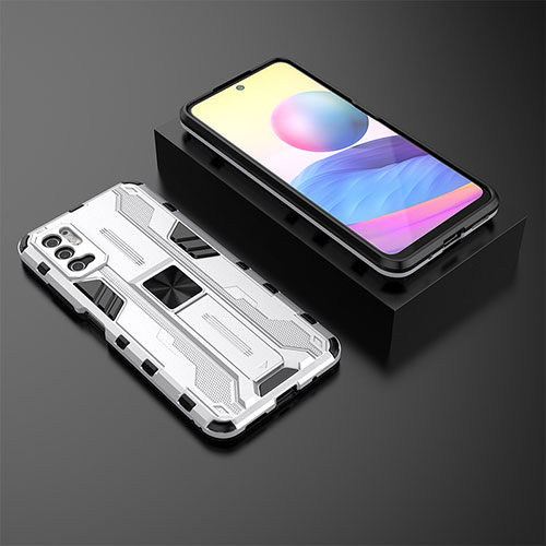 Silicone Matte Finish and Plastic Back Cover Case with Magnetic Stand KC2 for Xiaomi POCO M3 Pro 5G White