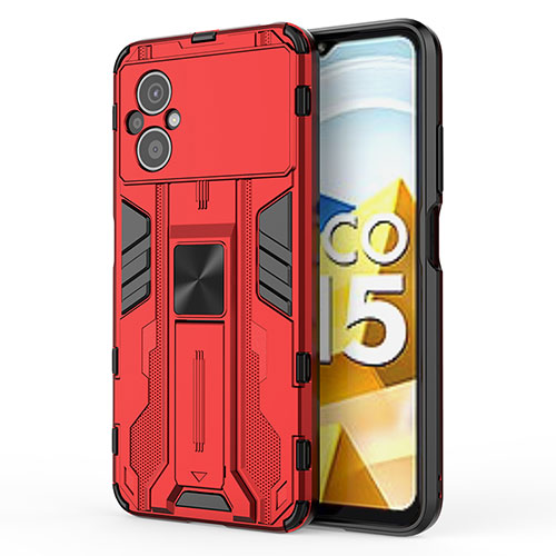 Silicone Matte Finish and Plastic Back Cover Case with Magnetic Stand KC2 for Xiaomi Poco M5 4G Red