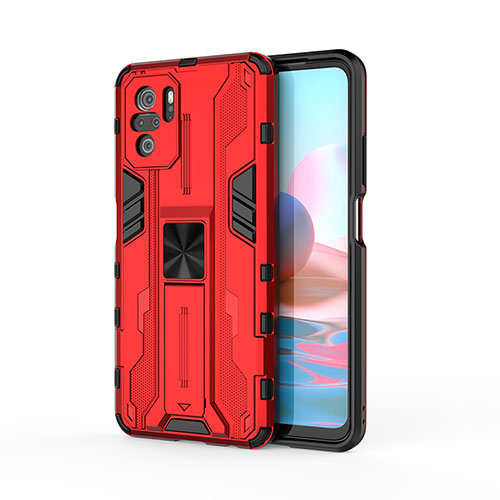 Silicone Matte Finish and Plastic Back Cover Case with Magnetic Stand KC2 for Xiaomi Poco M5S Red