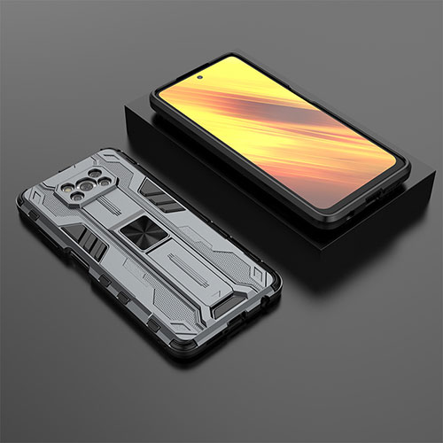 Silicone Matte Finish and Plastic Back Cover Case with Magnetic Stand KC2 for Xiaomi Poco X3 Pro Gray