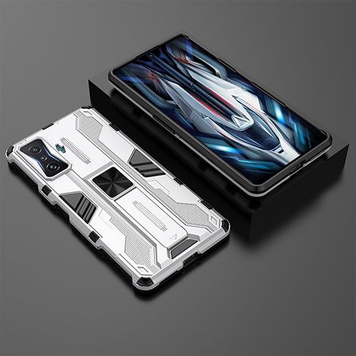 Silicone Matte Finish and Plastic Back Cover Case with Magnetic Stand KC2 for Xiaomi Redmi K50 Gaming AMG F1 5G White