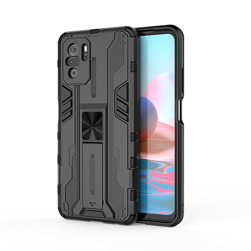 Silicone Matte Finish and Plastic Back Cover Case with Magnetic Stand KC2 for Xiaomi Redmi Note 10 4G Black