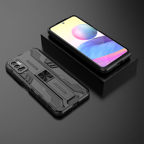 Silicone Matte Finish and Plastic Back Cover Case with Magnetic Stand KC2 for Xiaomi Redmi Note 10 5G Black