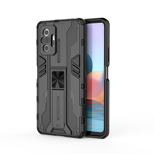 Silicone Matte Finish and Plastic Back Cover Case with Magnetic Stand KC2 for Xiaomi Redmi Note 10 Pro 4G Black