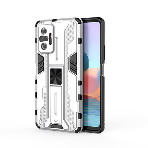 Silicone Matte Finish and Plastic Back Cover Case with Magnetic Stand KC2 for Xiaomi Redmi Note 10 Pro 4G White