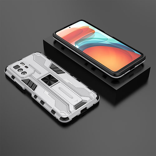 Silicone Matte Finish and Plastic Back Cover Case with Magnetic Stand KC2 for Xiaomi Redmi Note 10 Pro 5G White