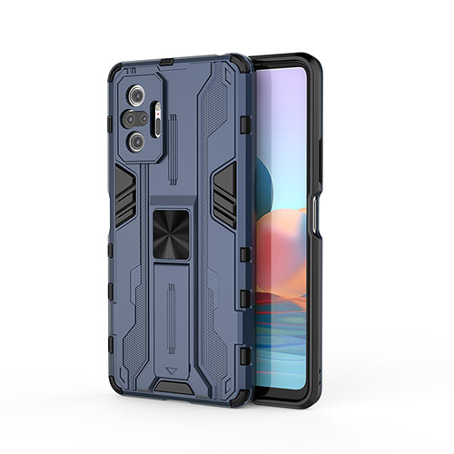 Silicone Matte Finish and Plastic Back Cover Case with Magnetic Stand KC2 for Xiaomi Redmi Note 10 Pro Max Blue