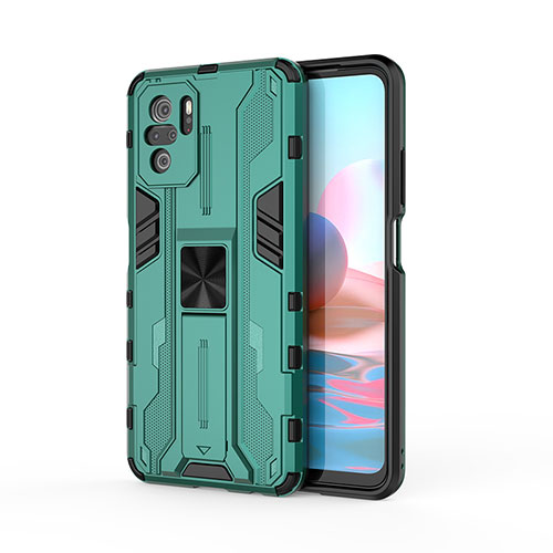 Silicone Matte Finish and Plastic Back Cover Case with Magnetic Stand KC2 for Xiaomi Redmi Note 10S 4G Green