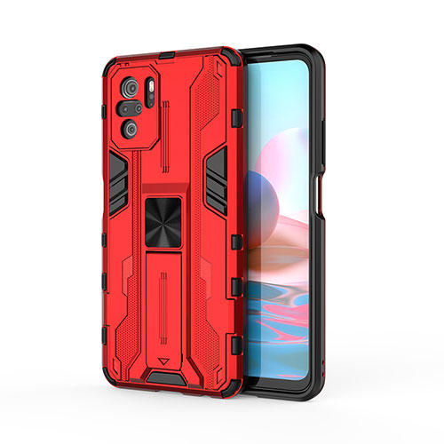 Silicone Matte Finish and Plastic Back Cover Case with Magnetic Stand KC2 for Xiaomi Redmi Note 10S 4G Red