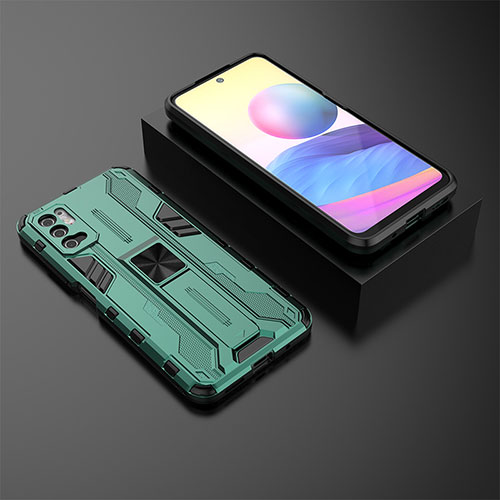 Silicone Matte Finish and Plastic Back Cover Case with Magnetic Stand KC2 for Xiaomi Redmi Note 10T 5G Green