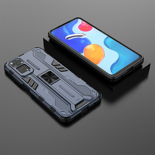 Silicone Matte Finish and Plastic Back Cover Case with Magnetic Stand KC2 for Xiaomi Redmi Note 11 4G (2022) Blue