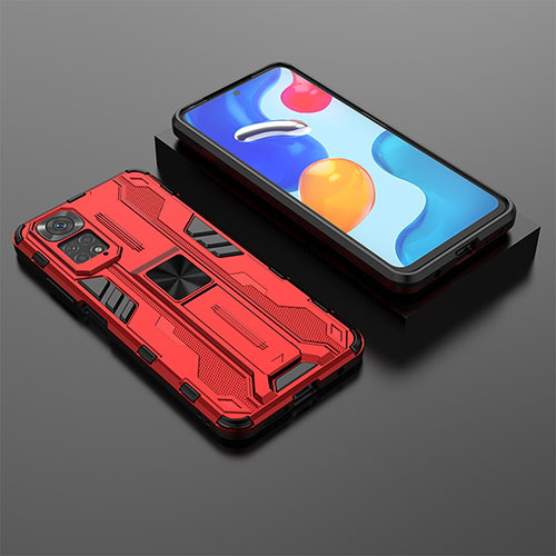 Silicone Matte Finish and Plastic Back Cover Case with Magnetic Stand KC2 for Xiaomi Redmi Note 11S 4G Red