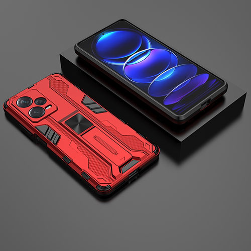 Silicone Matte Finish and Plastic Back Cover Case with Magnetic Stand KC2 for Xiaomi Redmi Note 12 Pro+ Plus 5G Red