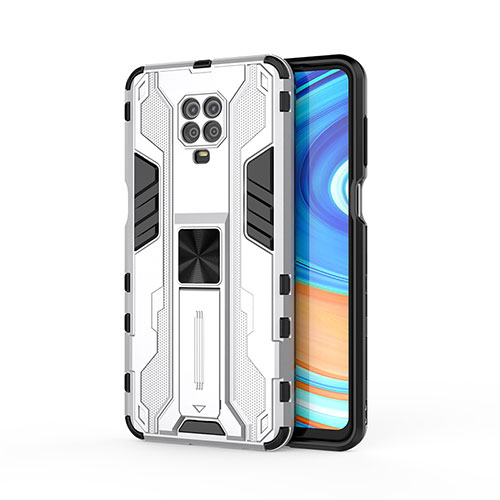 Silicone Matte Finish and Plastic Back Cover Case with Magnetic Stand KC2 for Xiaomi Redmi Note 9 Pro Max White