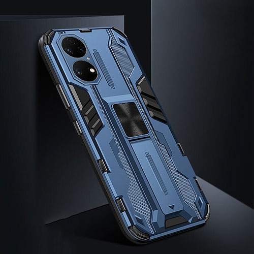 Silicone Matte Finish and Plastic Back Cover Case with Magnetic Stand KC3 for Huawei P50 Blue