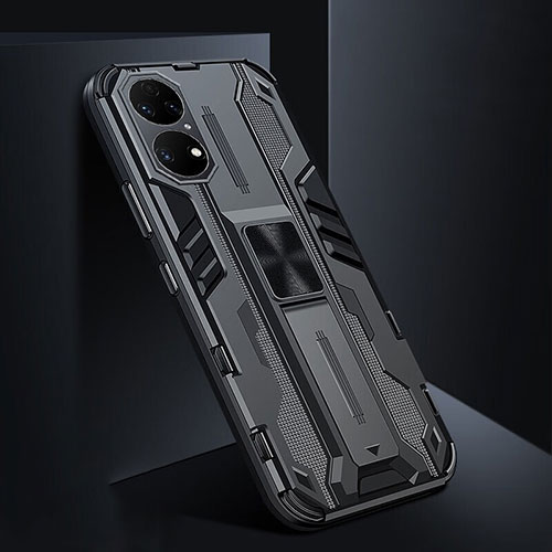 Silicone Matte Finish and Plastic Back Cover Case with Magnetic Stand KC3 for Huawei P50 Pro Black