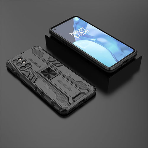 Silicone Matte Finish and Plastic Back Cover Case with Magnetic Stand KC3 for OnePlus 9R 5G Black