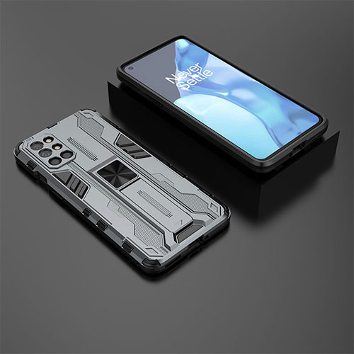 Silicone Matte Finish and Plastic Back Cover Case with Magnetic Stand KC3 for OnePlus 9R 5G Gray