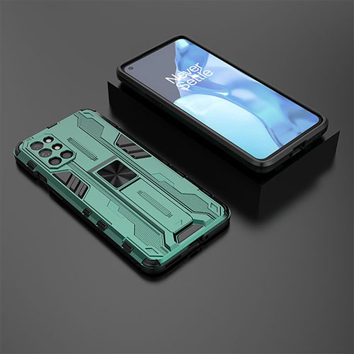 Silicone Matte Finish and Plastic Back Cover Case with Magnetic Stand KC3 for OnePlus 9R 5G Green