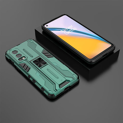 Silicone Matte Finish and Plastic Back Cover Case with Magnetic Stand KC3 for OnePlus Nord 2 5G Green