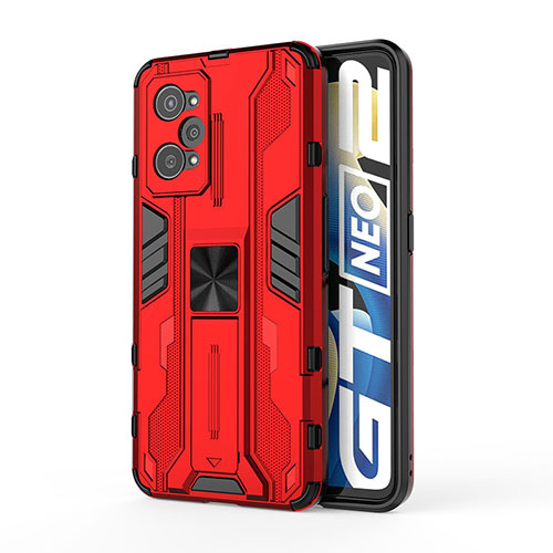 Silicone Matte Finish and Plastic Back Cover Case with Magnetic Stand KC3 for Realme GT Neo 3T 5G Red