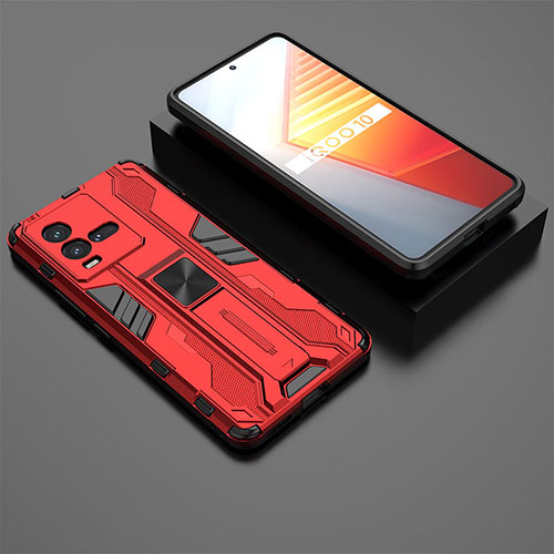 Silicone Matte Finish and Plastic Back Cover Case with Magnetic Stand KC3 for Vivo iQOO 9T 5G Red