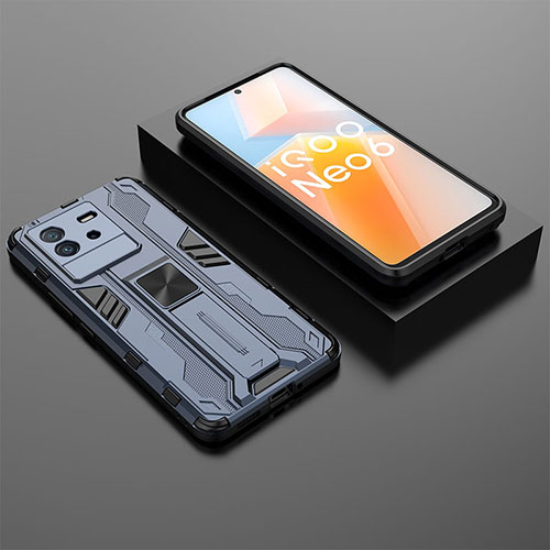 Silicone Matte Finish and Plastic Back Cover Case with Magnetic Stand KC3 for Vivo iQOO Neo6 5G Blue