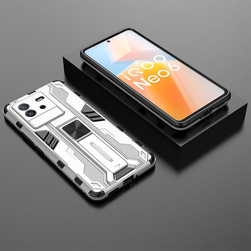 Silicone Matte Finish and Plastic Back Cover Case with Magnetic Stand KC3 for Vivo iQOO Neo6 5G White