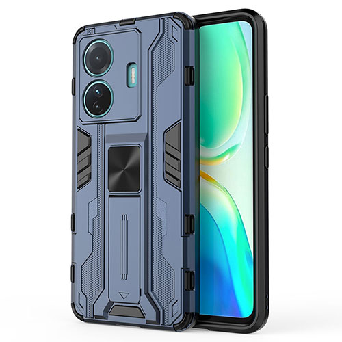 Silicone Matte Finish and Plastic Back Cover Case with Magnetic Stand KC3 for Vivo iQOO Z6 Pro 5G Blue