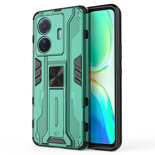 Silicone Matte Finish and Plastic Back Cover Case with Magnetic Stand KC3 for Vivo T1 5G Green