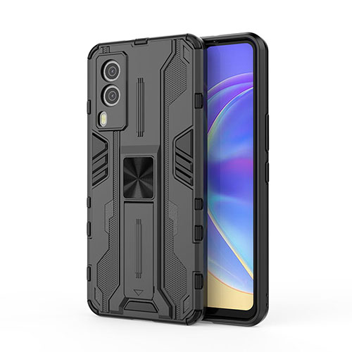 Silicone Matte Finish and Plastic Back Cover Case with Magnetic Stand KC3 for Vivo V21e 5G Black