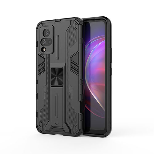 Silicone Matte Finish and Plastic Back Cover Case with Magnetic Stand KC3 for Vivo V21s 5G Black