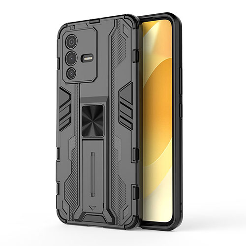 Silicone Matte Finish and Plastic Back Cover Case with Magnetic Stand KC3 for Vivo V23 5G Black