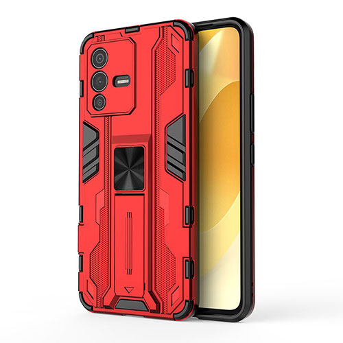 Silicone Matte Finish and Plastic Back Cover Case with Magnetic Stand KC3 for Vivo V23 5G Red