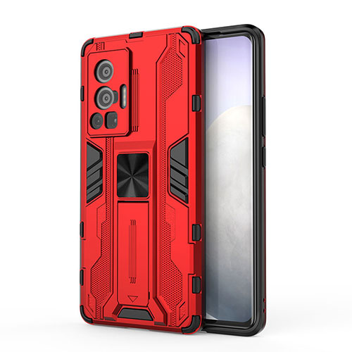 Silicone Matte Finish and Plastic Back Cover Case with Magnetic Stand KC3 for Vivo X70 Pro 5G Red