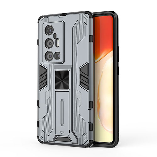 Silicone Matte Finish and Plastic Back Cover Case with Magnetic Stand KC3 for Vivo X70 Pro+ Plus 5G Gray