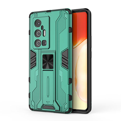 Silicone Matte Finish and Plastic Back Cover Case with Magnetic Stand KC3 for Vivo X70 Pro+ Plus 5G Green