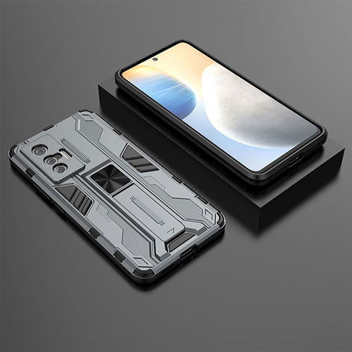 Silicone Matte Finish and Plastic Back Cover Case with Magnetic Stand KC3 for Vivo X70t Gray