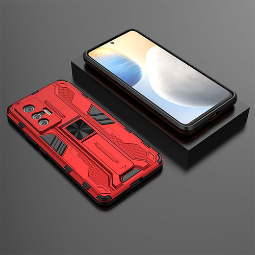 Silicone Matte Finish and Plastic Back Cover Case with Magnetic Stand KC3 for Vivo X70t Red