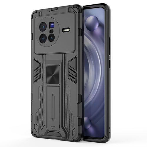 Silicone Matte Finish and Plastic Back Cover Case with Magnetic Stand KC3 for Vivo X80 5G Black