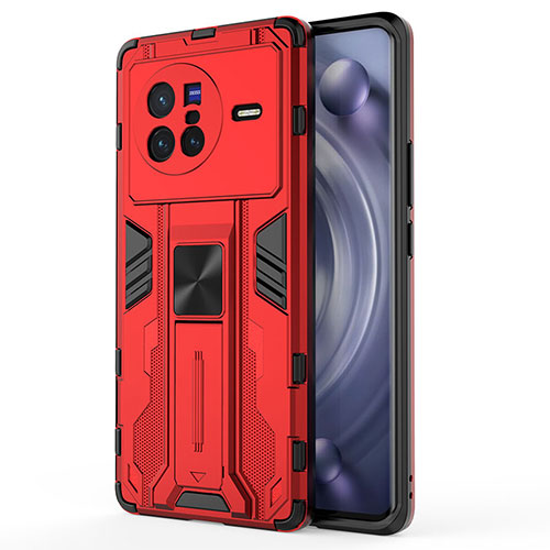 Silicone Matte Finish and Plastic Back Cover Case with Magnetic Stand KC3 for Vivo X80 5G Red