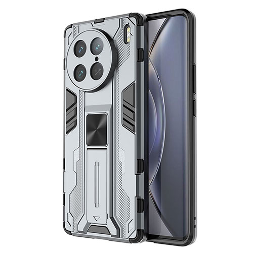 Silicone Matte Finish and Plastic Back Cover Case with Magnetic Stand KC3 for Vivo X90 Pro 5G Gray