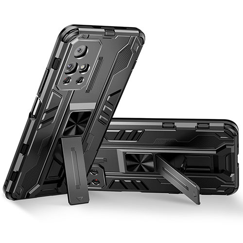 Silicone Matte Finish and Plastic Back Cover Case with Magnetic Stand KC3 for Xiaomi Poco M4 Pro 5G Black