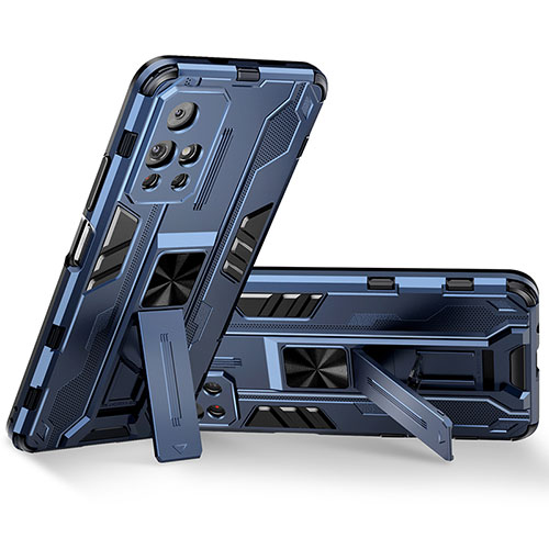 Silicone Matte Finish and Plastic Back Cover Case with Magnetic Stand KC3 for Xiaomi Poco M4 Pro 5G Blue