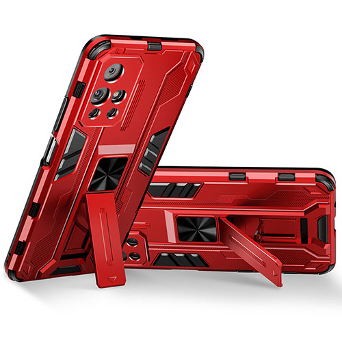 Silicone Matte Finish and Plastic Back Cover Case with Magnetic Stand KC3 for Xiaomi Redmi Note 11T 5G Red
