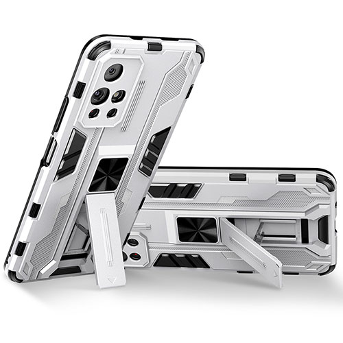 Silicone Matte Finish and Plastic Back Cover Case with Magnetic Stand KC3 for Xiaomi Redmi Note 11T 5G White