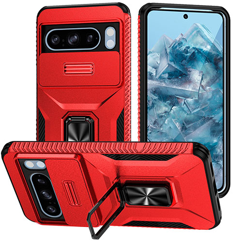 Silicone Matte Finish and Plastic Back Cover Case with Magnetic Stand MQ1 for Google Pixel 8 Pro 5G Red